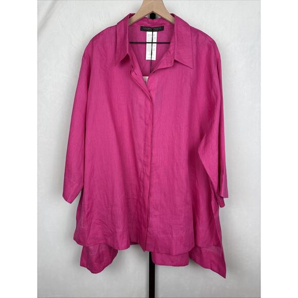 NEW Marina Rinaldi Fisica 100% Linen Button Down Top Womens 24 Plus Pink Fuchsia - Picture 2 of 13